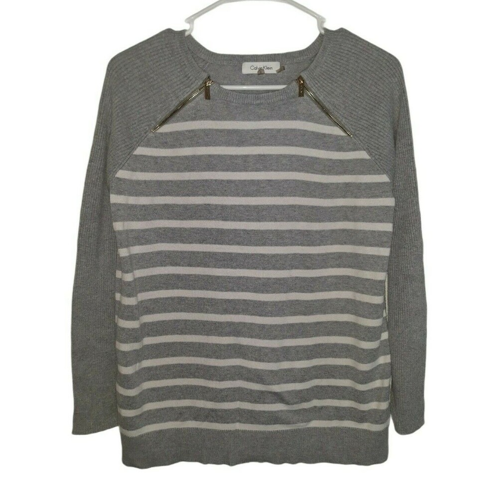 Calvin Klein Sweater Light Gray Striped Size Small